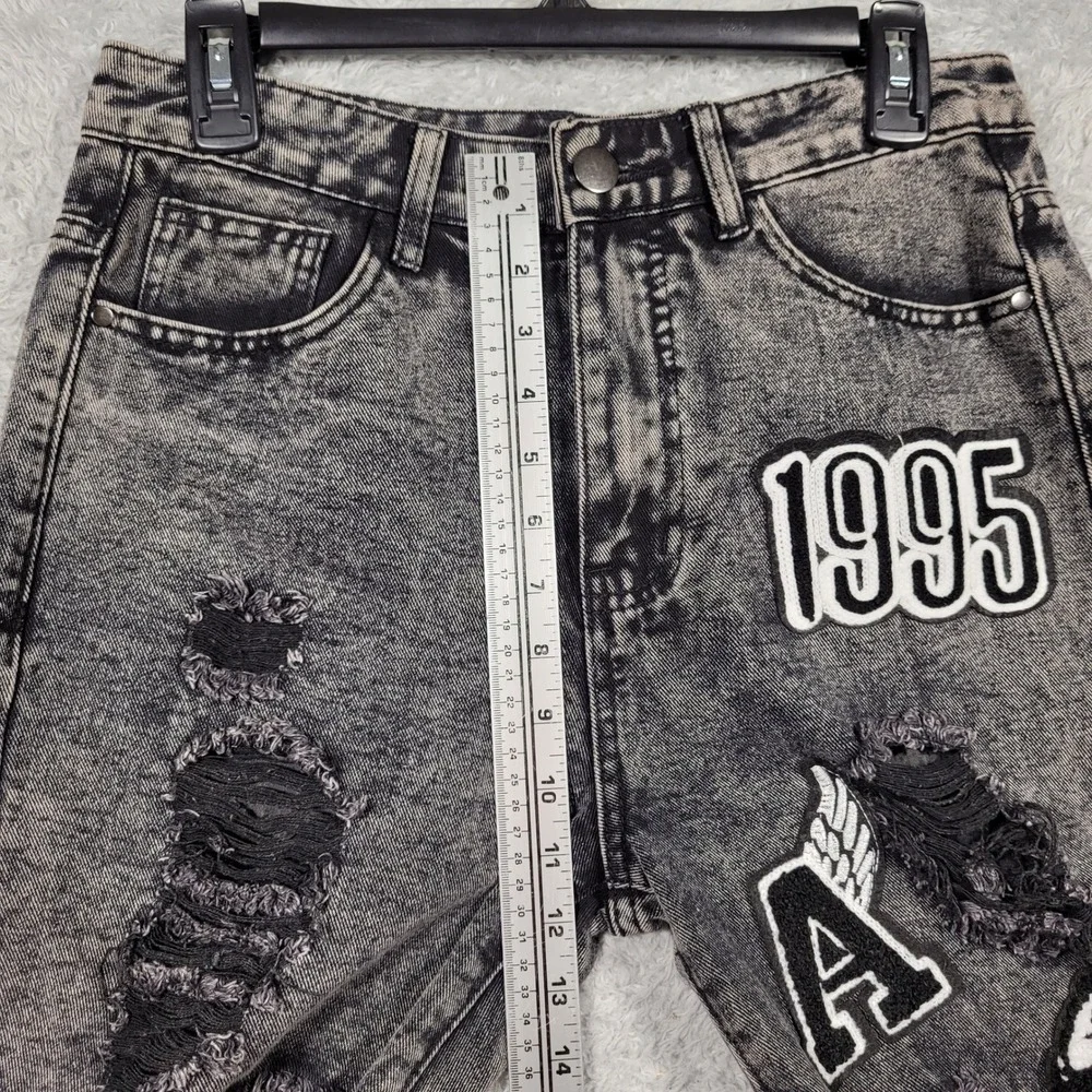 Distressed Patch Jeans Mens 28 Gray Acid Wash Graphic Tapered Denim 30x30‎